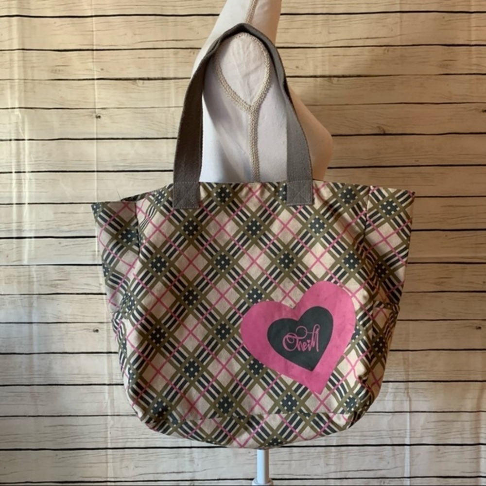 O’NEILL Pink And Gray Plaid Travel/Beach Tote